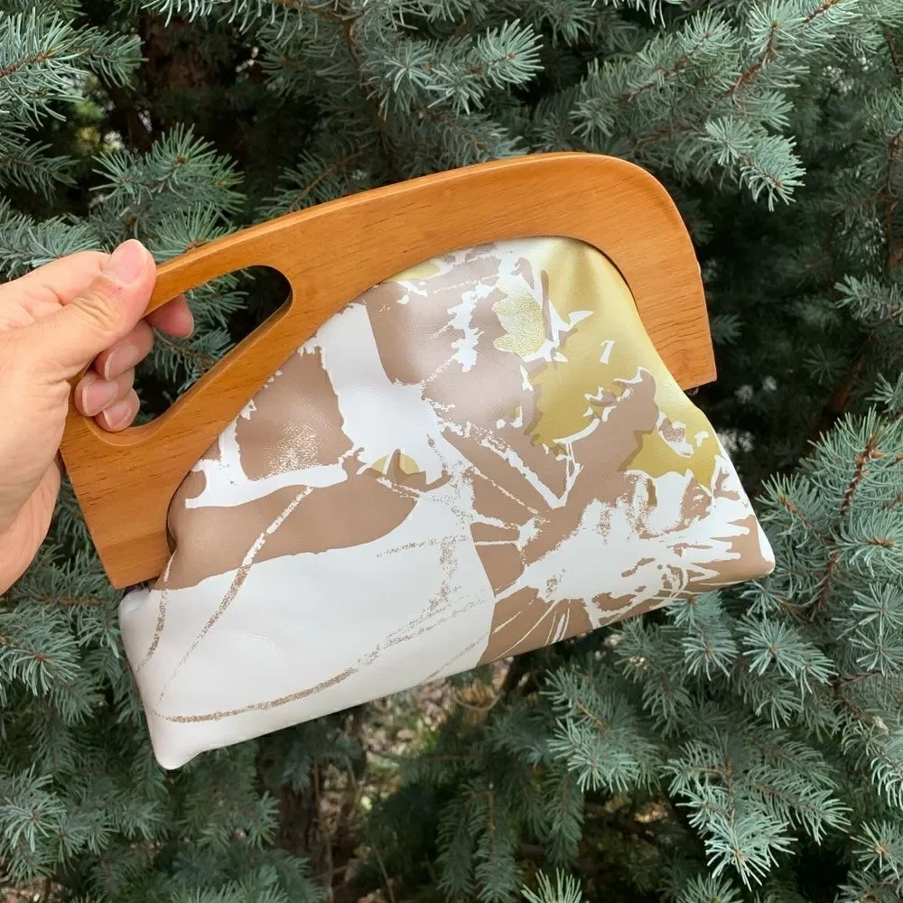 Handmade Genuine Leather Abstract Printed Bag Wooden Frame Clutch/Crossbody